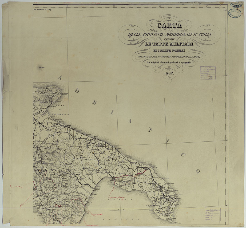 (N:25068) CARTA DELLE PROVINCIE MERIDIONALI D'ITALIA INDICANTE LE TAPPE MILITARI ED I RILIEVI POSTALI COSTRUTTA NEL R.LE OFFICIO TOPOGRAFICO DI NAPOLI SUI MIGLIORI ELEMENTI GEODETICI E TOPOGRAFICI - FOGLIO 2. (CA007090) Carte e stampe antiche: riproduzione a colori su carta (formato A1)