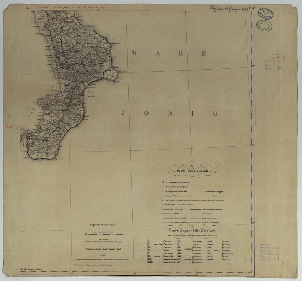 (N:25069) CARTA DELLE PROVINCIE MERIDIONALI D'ITALIA INDICANTE LE TAPPE MILITARI ED I RILIEVI POSTALI COSTRUTTA NEL R.LE OFFICIO TOPOGRAFICO DI NAPOLI SUI MIGLIORI ELEMENTI GEODETICI E TOPOGRAFICI - FOGLIO 4. (CA007091) Carte e stampe antiche: riproduzione a colori su carta (formato A1)