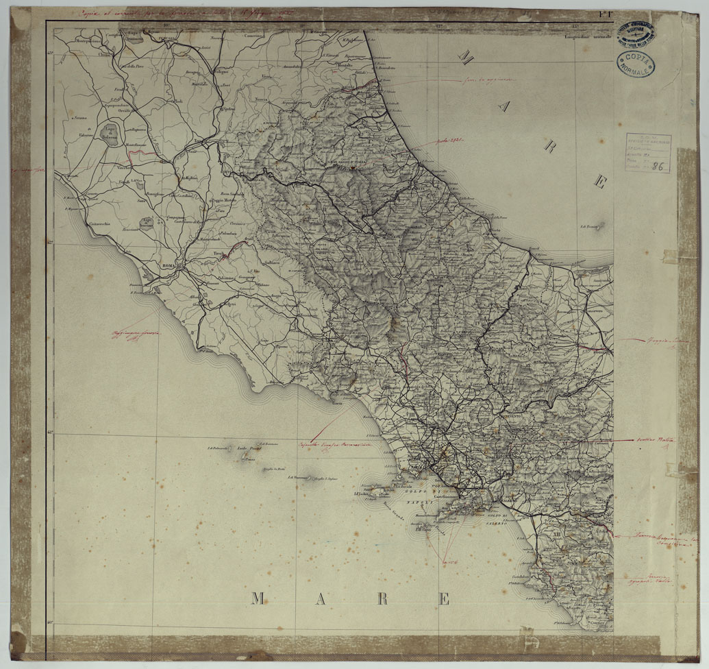 (N:25070) CARTA DELLE PROVINCIE MERIDIONALI D'ITALIA INDICANTE LE TAPPE MILITARI ED I RILIEVI POSTALI COSTRUTTA NEL R.LE OFFICIO TOPOGRAFICO DI NAPOLI SUI MIGLIORI ELEMENTI GEODETICI E TOPOGRAFICI - FOGLIO 1. (CA007092) Carte e stampe antiche: riproduzione a colori su carta (formato A1)