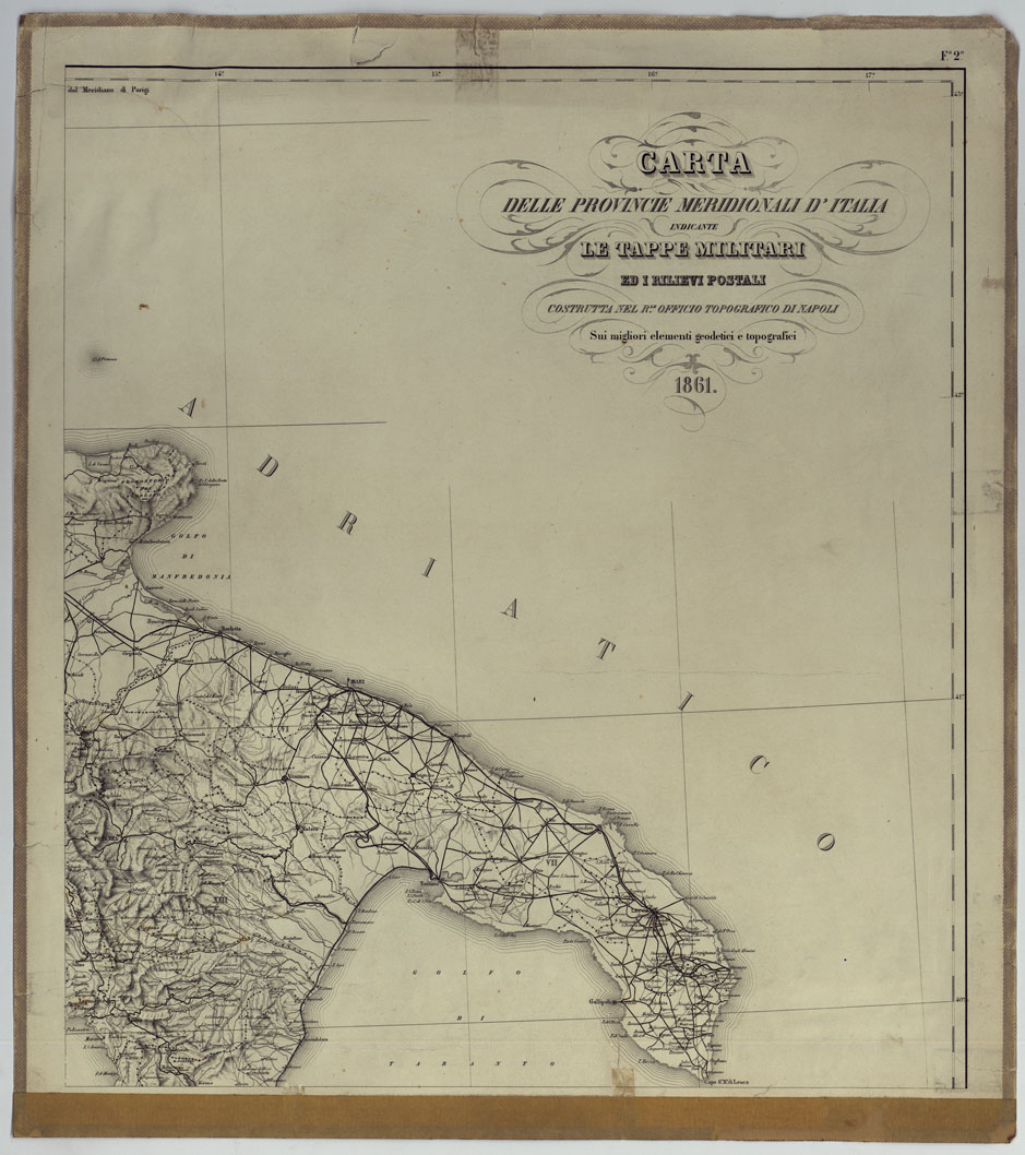 (N:25071) CARTA DELLE PROVINCIE MERIDIONALI D'ITALIA INDICANTE LE TAPPE MILITARI ED I RILIEVI POSTALI COSTRUTTA NEL R.LE OFFICIO TOPOGRAFICO DI NAPOLI SUI MIGLIORI ELEMENTI GEODETICI E TOPOGRAFICI - FOGLIO 2. (CA007093) Carte e stampe antiche: riproduzione a colori su carta (formato A1)
