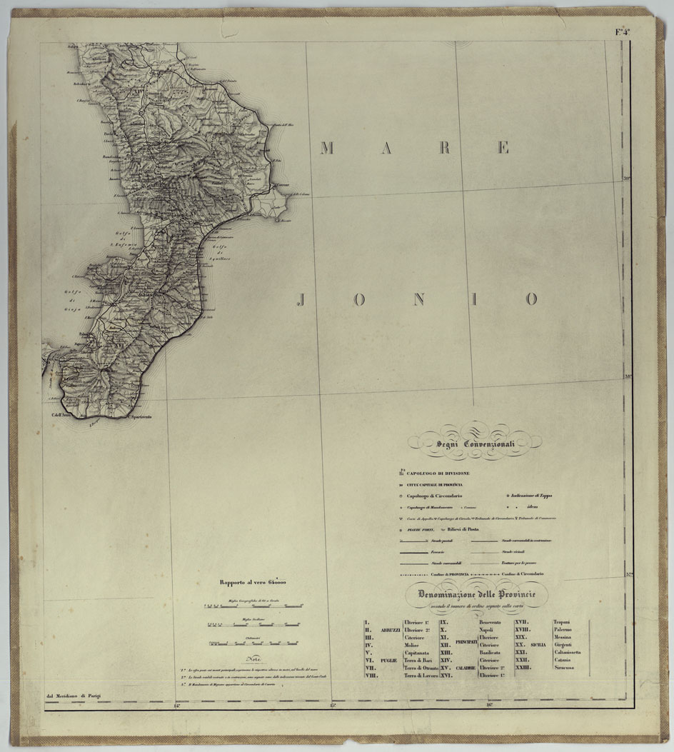 (N:25073) CARTA DELLE PROVINCIE MERIDIONALI D'ITALIA INDICANTE LE TAPPE MILITARI ED I RILIEVI POSTALI COSTRUTTA NEL R.LE OFFICIO TOPOGRAFICO DI NAPOLI SUI MIGLIORI ELEMENTI GEODETICI E TOPOGRAFICI - FOGLIO 4. (CA007095) Carte e stampe antiche: riproduzione a colori su carta (formato A1)