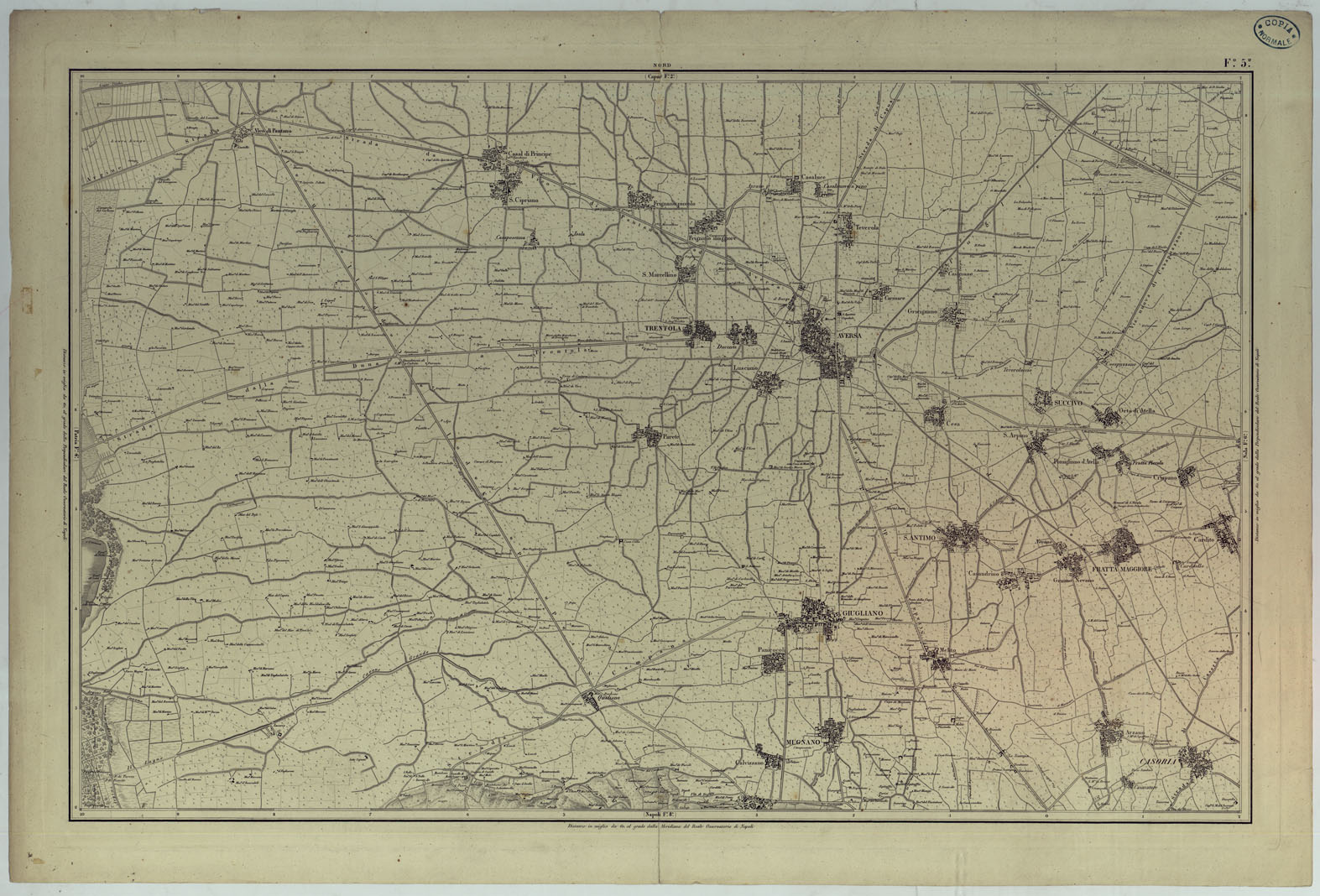 (N:9112) CARTA TOPOGRAFICA ED IDROGRAFICA DEI CONTORNI DI NAPOLI LEVATA PER ORDINE DI S.M. FERDINANDO I RE DEL REGNO DELLE DUE SICILIE DAGLI UFFIZIALI DELLO STATO MAGGIORE E DALL'INGEGNERI TOPOGRAFI NEGLI ANNI 1817-1818-1819 - FOGLIO 5. (CA007115, CA007116) Carte e stampe antiche: riproduzione a colori su carta (formato A1)