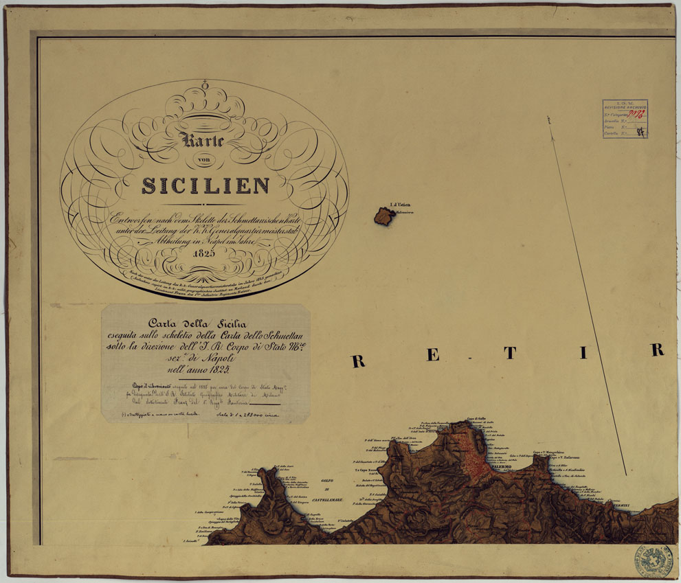 (N:3628) Karte Von Sicilien Entworfen nach dem Skelette der Schmettauischen Karte unter der Leitung der K.K. Generalquartiermeisterstab Abstheilung in Neapel im Jahre 1825  - Carta della Sicilia - Foglio 1 (CA007166) Carte e stampe antiche: riproduzione a colori su carta (formato A1)