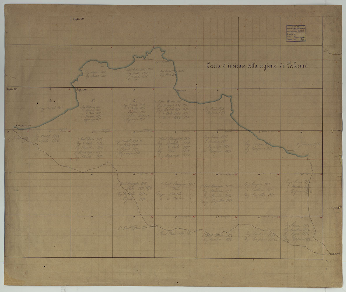 (N:14681) CARTA TOPOGRAFICA DELLA REGIONE DI PALERMO LEVATA  DAL REALE OFFICIO TOPOGRAFICO DI NAPOLI - Quadro d'Insieme (CA007181) Carte e stampe antiche: riproduzione a colori su carta (formato A1)