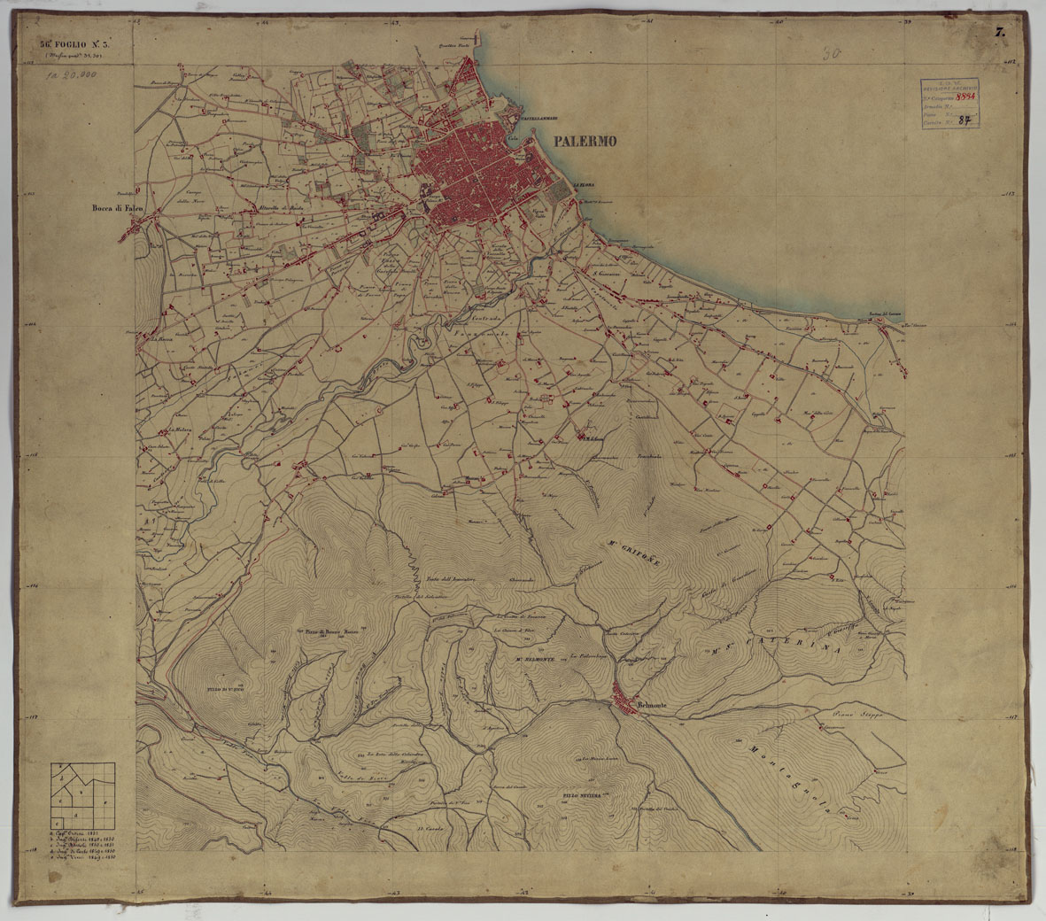 (N:14678) CARTA TOPOGRAFICA DELLA REGIONE DI PALERMO LEVATA DAL REALE OFFICIO TOPOGRAFICO DI NAPOLI - Foglio 7 Palermo, Belmonte Mezzagno (CA007193) Carte e stampe antiche: riproduzione a colori su carta (formato A1)