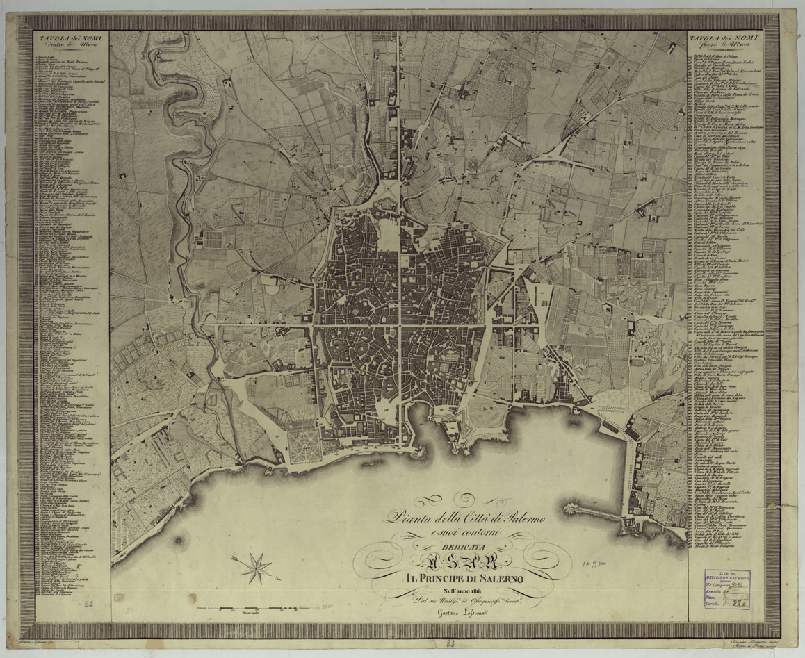 (N:13087) PIANTA DELLA CITTA' DI PALERMO E SUOI CONTORNI DEDICATA A S.A.R. IL PRINCIPE DI SALERNO NELL'ANNO 1818. DAL SUO UMILISS.O ED OSSEQUIOSS.O SERVITORE GAETANO LOSSIEUX. (CA007297) Carte e stampe antiche: riproduzione a colori su carta (formato A1)