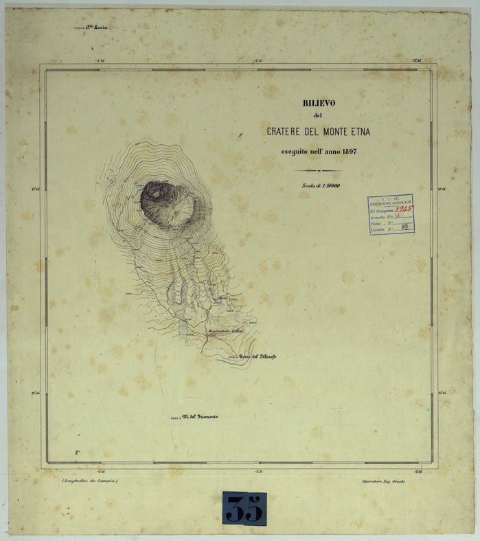 (N:9813) RILIEVO DEL CRATERE DEL MONTE ETNA ESEGUITO NELL'ANNO 1897 + RELAZIONE SUL RILIEVO. (CA007427, CA007428, CA007429, CA007430, CA007431, CA007432) Carte e stampe antiche: riproduzione a colori su carta (formato A1)
