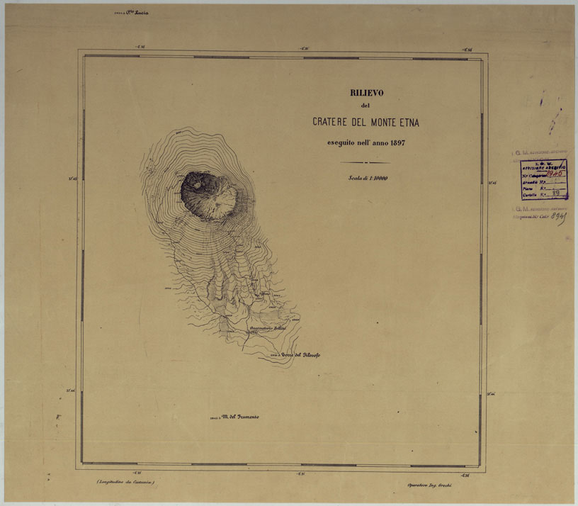 (N:9813) RILIEVO DEL CRATERE DEL MONTE ETNA ESEGUITO NELL'ANNO 1897 + RELAZIONE SUL RILIEVO. (CA007427, CA007428, CA007429, CA007430, CA007431, CA007432) Carte e stampe antiche: riproduzione a colori su carta (formato A1)