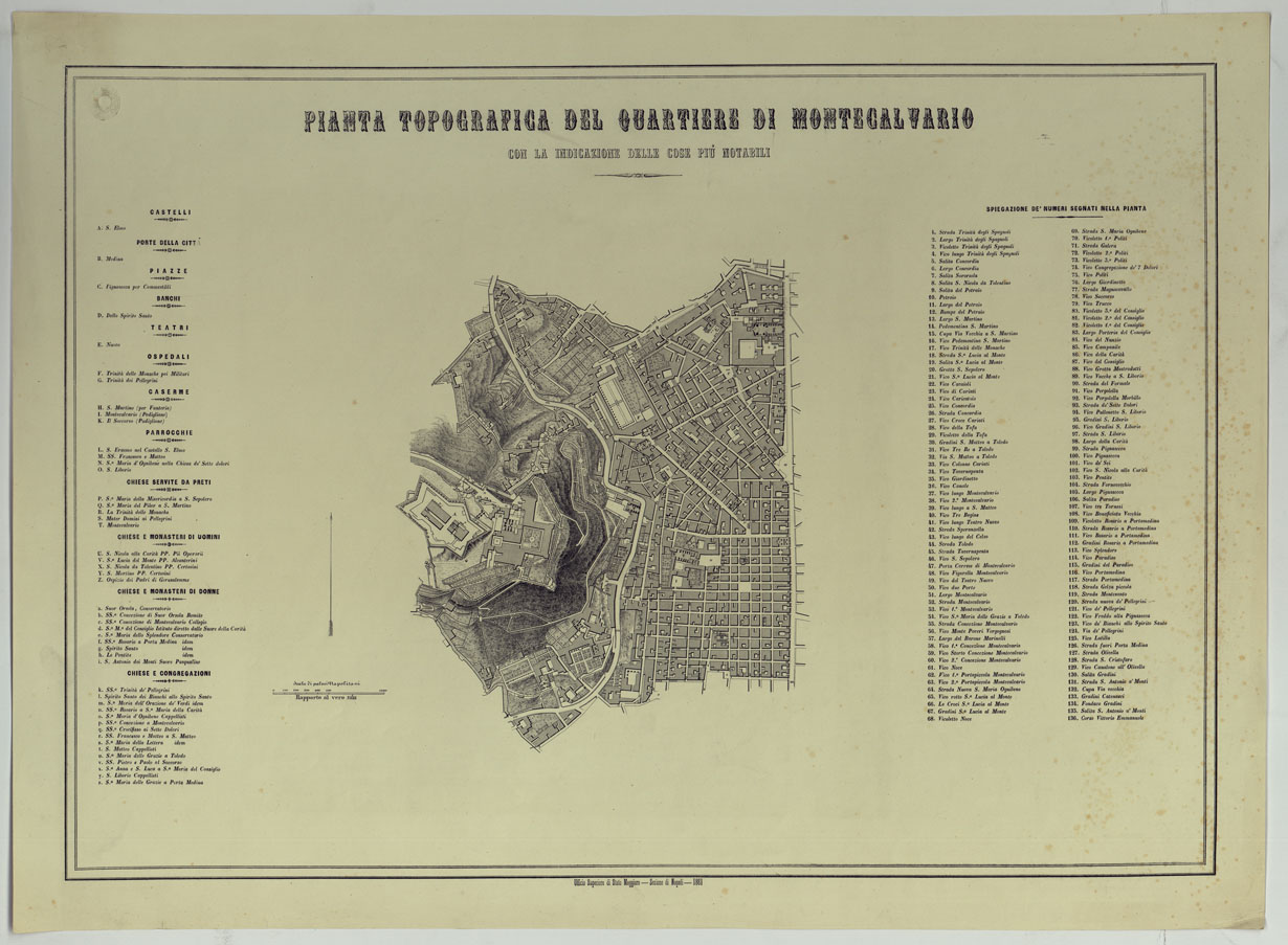 (N:1423) CARTA DEI DODICI QUARTIERI DI NAPOLI - PIANTA TOPOGRAFICA DEL QUARTIERE DI MONTECALVARIO CON LA INDICAZIONE DELLE COSE PIU' NOTABILI. (CA007491) Carte e stampe antiche: riproduzione a colori su carta (formato A1)