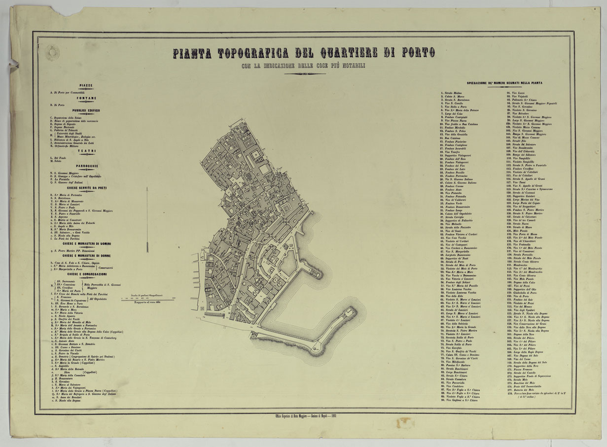 (N:1418) CARTA DEI DODICI QUARTIERI DI NAPOLI - PIANTA TOPOGRAFICA DEL QUARTIERE DI PORTO CON LA INDICAZIONE DELLE COSE PIU' NOTABILI. (CA007497) Carte e stampe antiche: riproduzione a colori su carta (formato A1)