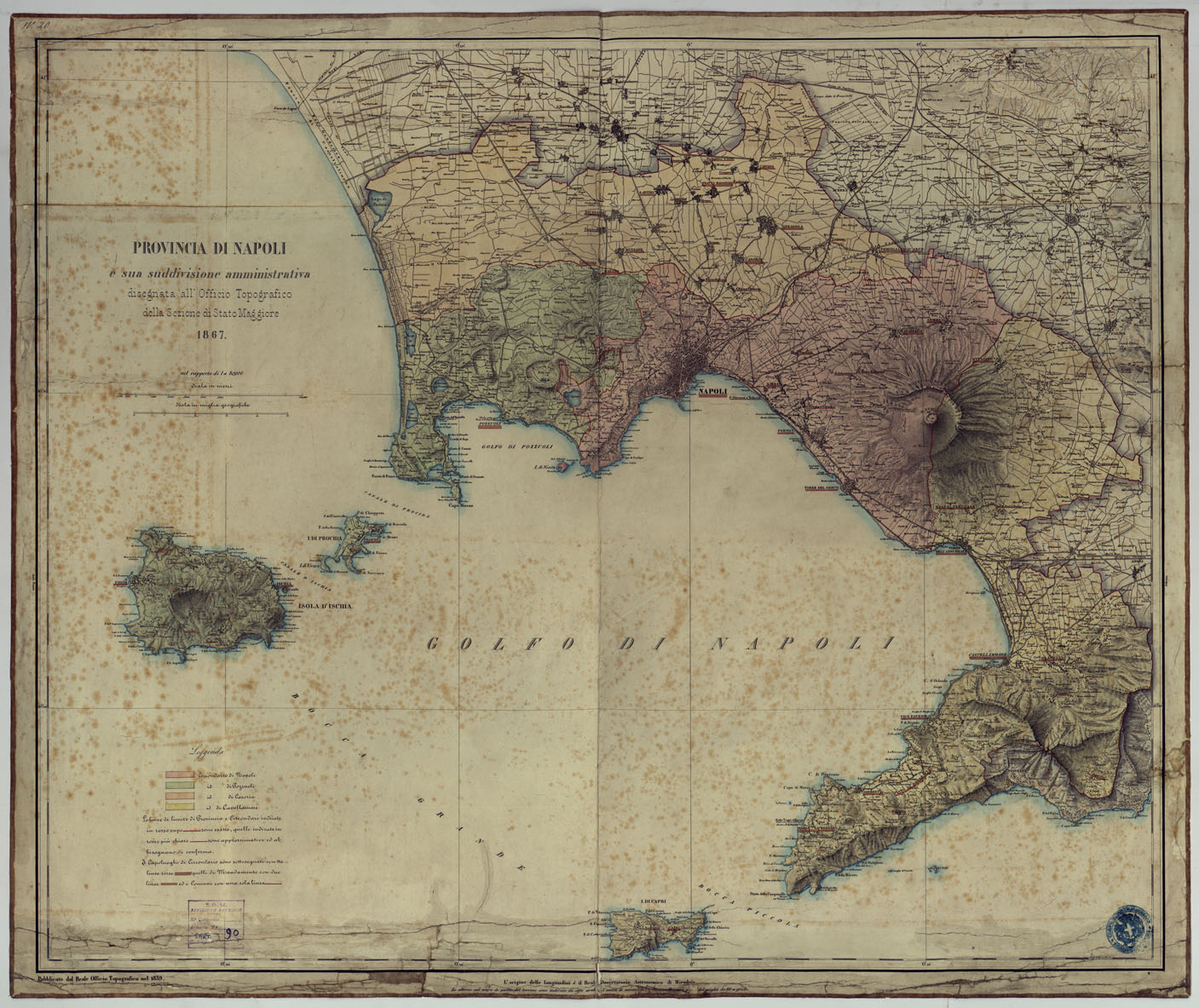 (N:14399) PROVINCIA DI NAPOLI E SUA SUDDIVISIONE AMMINISTRATIVA DISEGNATA DALL'OFFICIO TOPOGRAFICO DELLA SEZIONE DI STATO MAGGIORE, 1867. (CA007518) Carte e stampe antiche: riproduzione a colori su carta (formato A1)