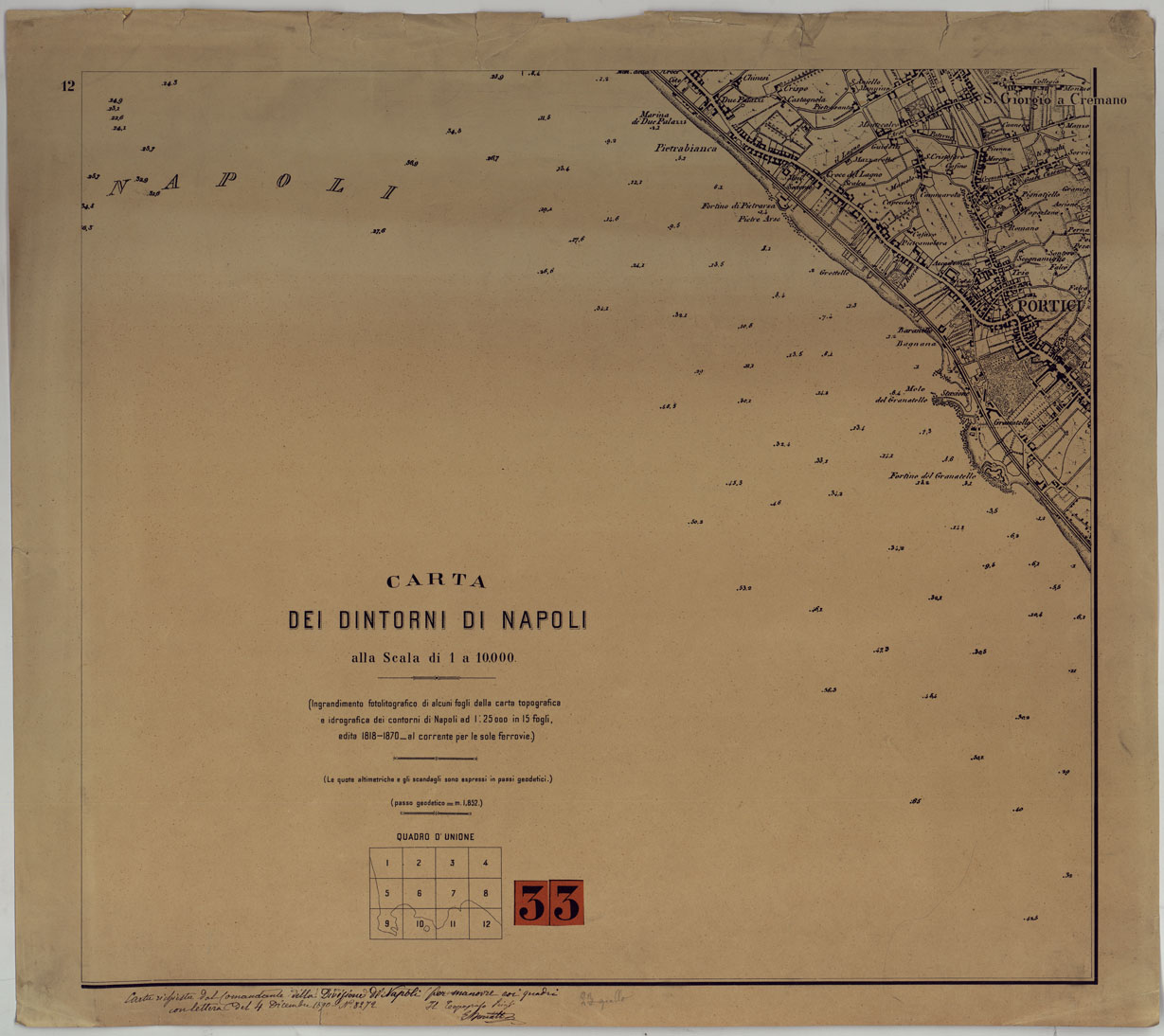 (N:17143) CARTA DEI DINTORNI DI NAPOLI ALLA SCALA DI 1 A 10,000 - FOGLIO 12 QUADRO D'UNIONE. (CA007680) Carte e stampe antiche: riproduzione a colori su carta (formato A1)