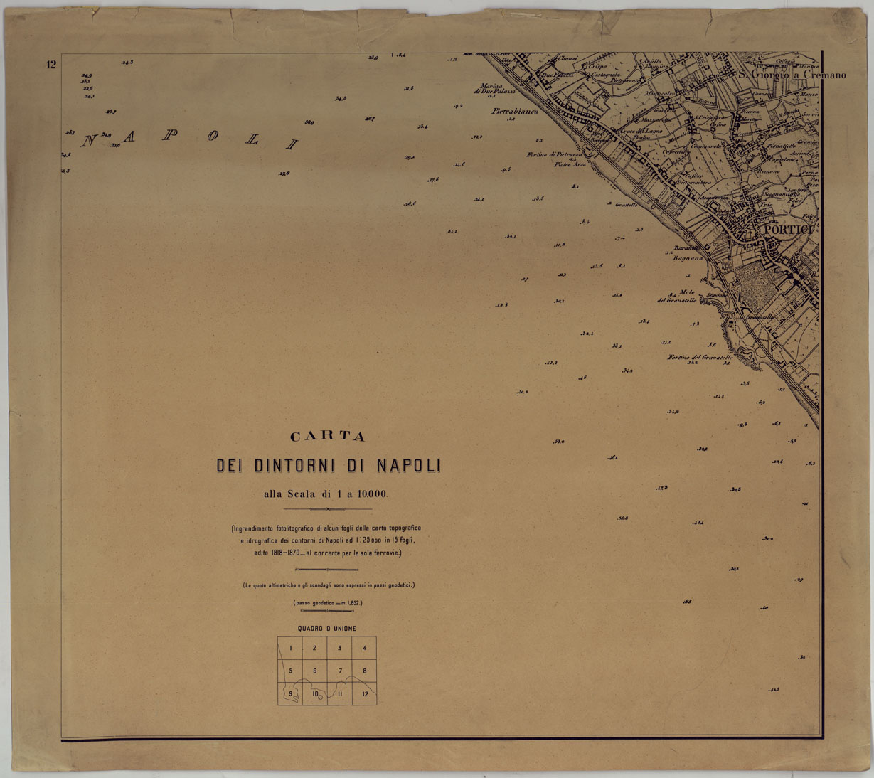 (N:25276) CARTA DEI DINTORNI DI NAPOLI ALLA SCALA DI 1 A 10,000 - FOGLIO 12 QUADRO D'UNIONE. (CA007692) Carte e stampe antiche: riproduzione a colori su carta (formato A1)