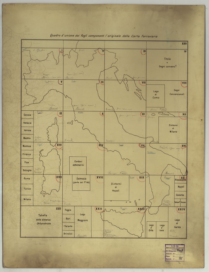 (N:17144) CARTA DELLE FERROVIE E LINEE DI NAVIGAZIONE DEL REGNO D'ITALIA - Quadro d'unione (CA007693) Carte e stampe antiche: riproduzione a colori su carta (formato A1)