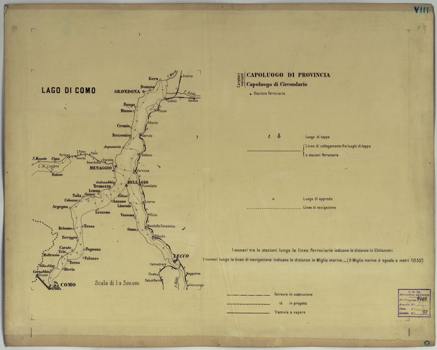 (N:17152) CARTA DELLE FERROVIE E LINEE DI NAVIGAZIONE DEL REGNO D'ITALIA - Foglio VIII Lago di Como (CA007701) Carte e stampe antiche: riproduzione a colori su carta (formato A1)