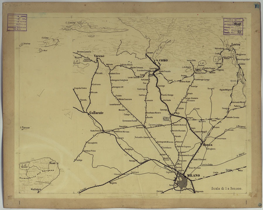 (N:17156) CARTA DELLE FERROVIE E LINEE DI NAVIGAZIONE DEL REGNO D'ITALIA - Foglio XII (CA007705) Carte e stampe antiche: riproduzione a colori su carta (formato A1)