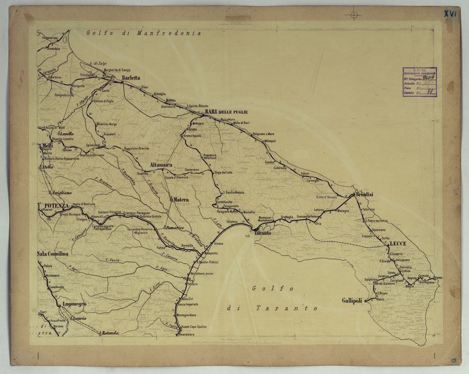 (N:17160) CARTA DELLE FERROVIE E LINEE DI NAVIGAZIONE DEL REGNO D'ITALIA - Foglio XVI (CA007709) Carte e stampe antiche: riproduzione a colori su carta (formato A1)