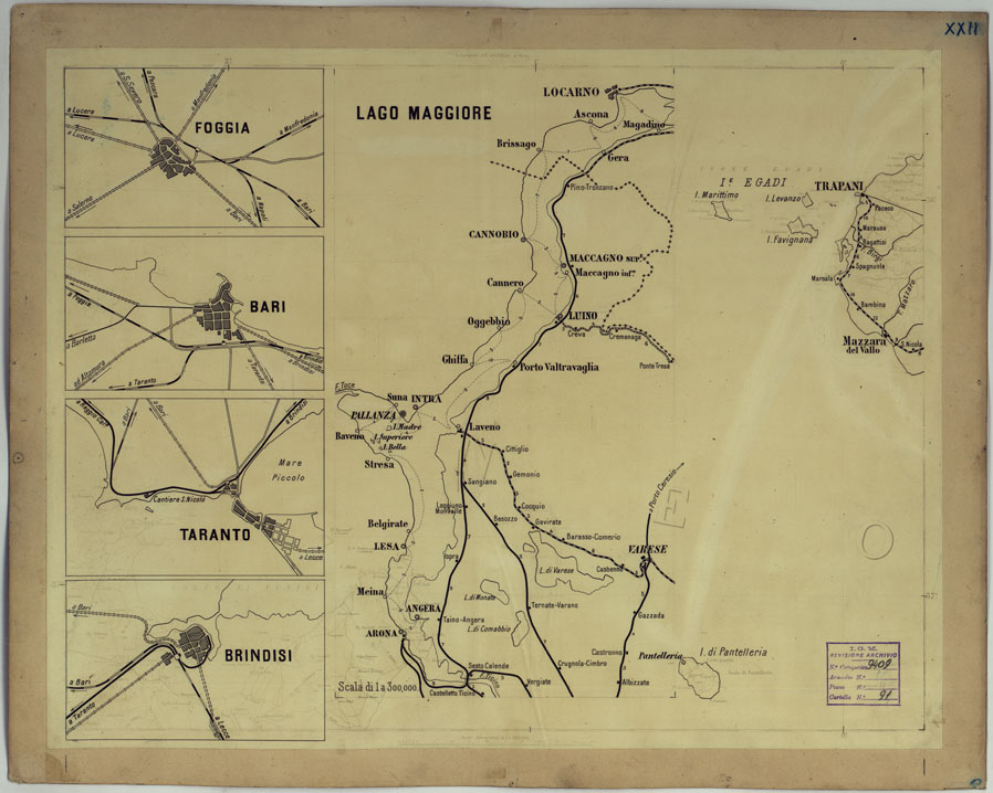 (N:17165) CARTA DELLE FERROVIE E LINEE DI NAVIGAZIONE DEL REGNO D'ITALIA - Foglio XXII (CA007715) Carte e stampe antiche: riproduzione a colori su carta (formato A1)