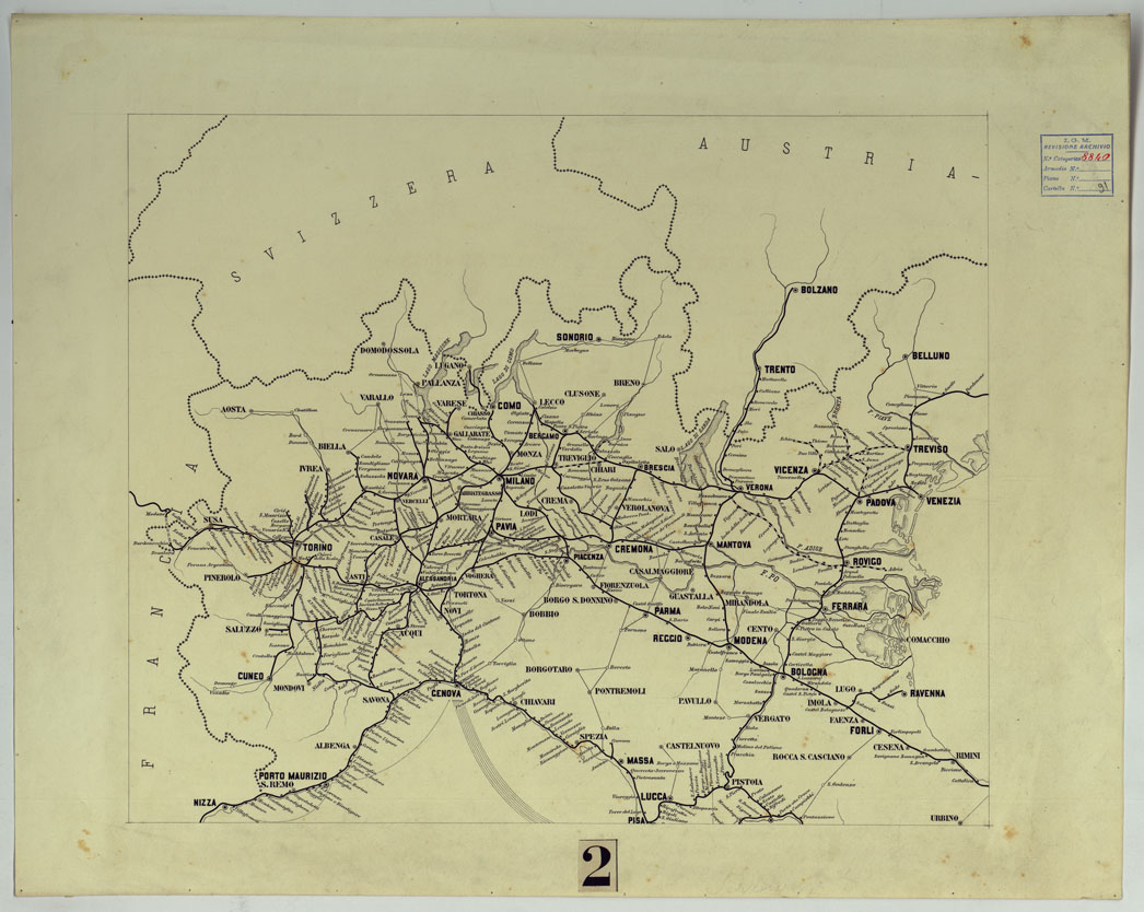(N:17173) CARTA DELLE FERROVIE E LINEE DI NAVIGAZIONE DEL REGNO D'ITALIA - Foglio 2 (CA007720) Carte e stampe antiche: riproduzione a colori su carta (formato A1)