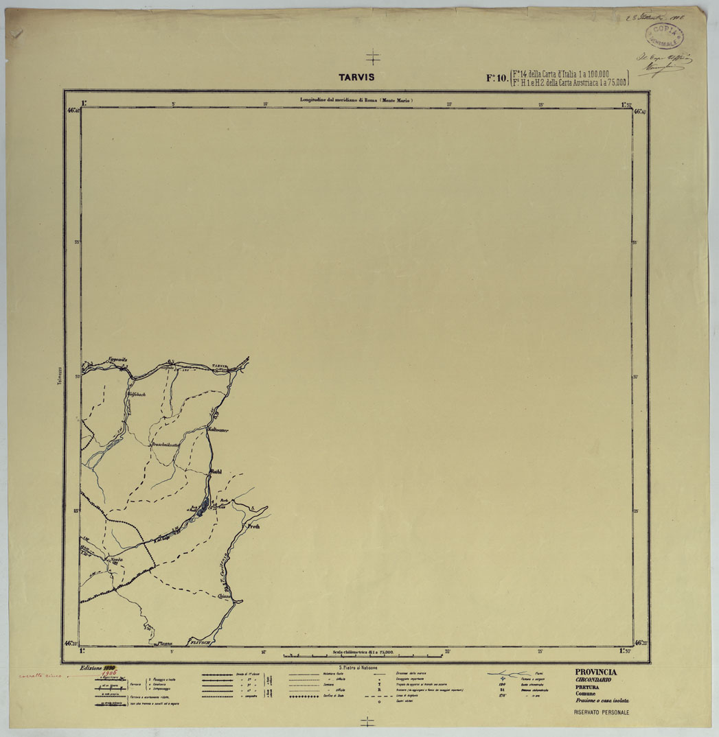(N:25388) CARTA ITINERARIA D'ITALIA PER GLI ALPINI NORMALI D'ARCHIVIO CON AGGIORNAMENTO FINO 1910 EDIZIONE COMPLETA ANNO 1906 - FOGLIO 10 TARVIS. (CA007893) Carte e stampe antiche: riproduzione a colori su carta (formato A1)