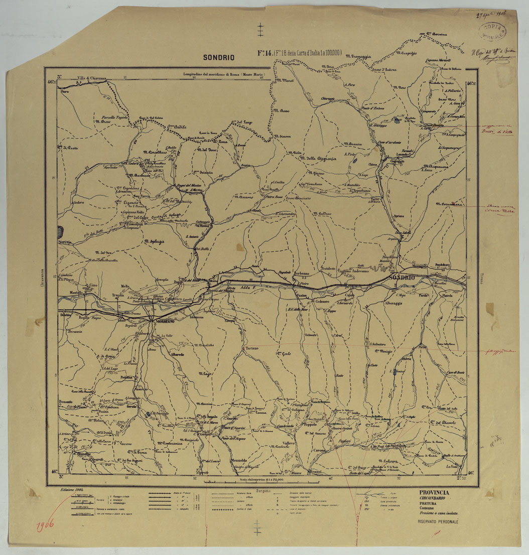 (N:25392) CARTA ITINERARIA D'ITALIA PER GLI ALPINI NORMALI D'ARCHIVIO CON AGGIORNAMENTO FINO AL 1910 EDIZIONE COMPLETA NNO 1909 - FOGLIO 14 SONDRIO. (CA007902, CA007903, CA007904) Carte e stampe antiche: riproduzione a colori su carta (formato A1)