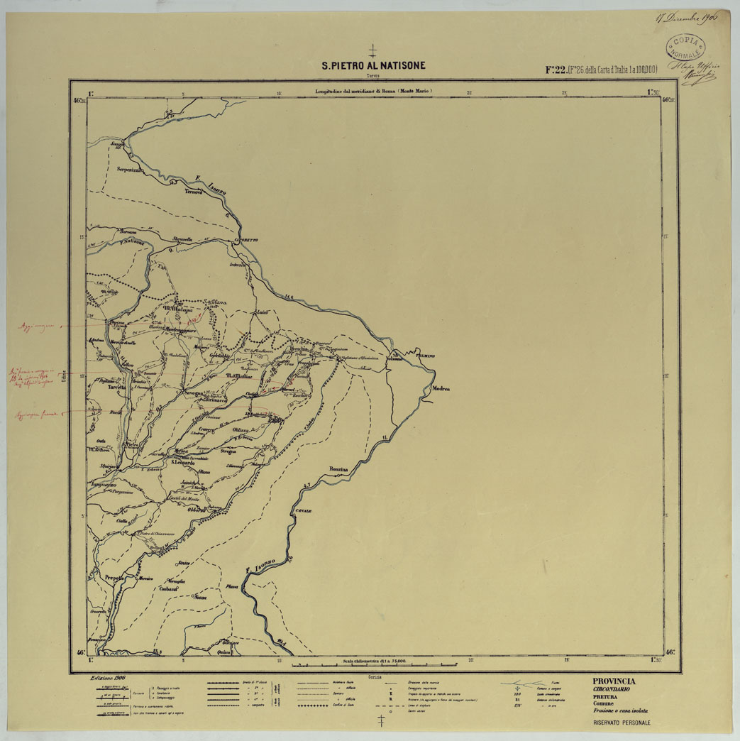 (N:25400) CARTA ITINERARIA D'ITALIA PER GLI ALPINI NORMALI D'ARCHIVIO CON AGGIORNAMENTO FINO AL 1910 EDIZIONE COMPLETA ANNO 1906 - FOGLIO 22 S. PIETRO AL NATISONE. (CA007916) Carte e stampe antiche: riproduzione a colori su carta (formato A1)