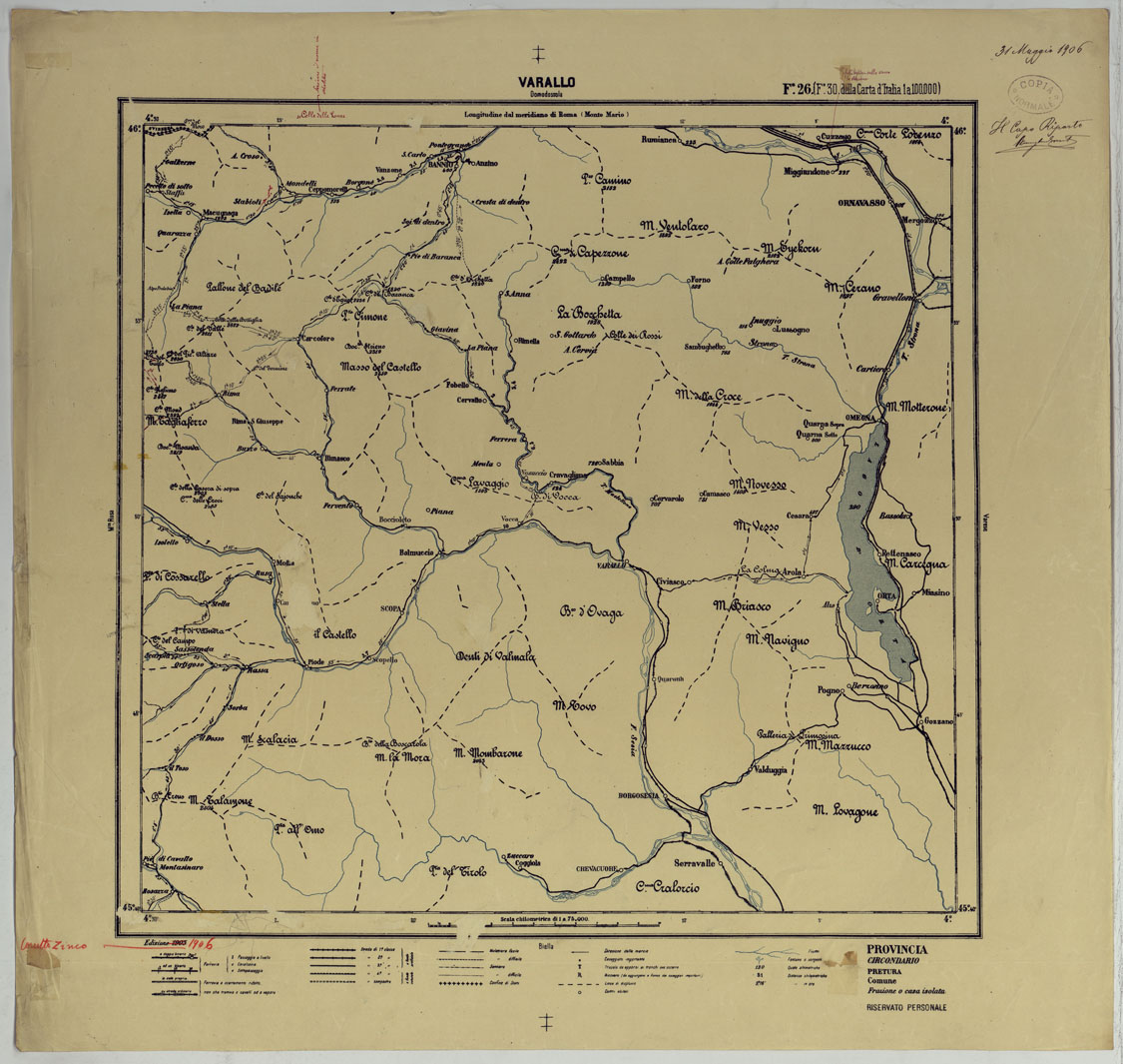 (N:25403) CARTA ITINERARIA D'ITALIA PER GLI ALPINI NORMALI D'ARCHIVIO CON AGGIORNAMENTO FINO AL 1910 EDIZIONE COMPLETA ANNO 1906 - FOGLIO 26 VARALLO. (CA007922, CA007923) Carte e stampe antiche: riproduzione a colori su carta (formato A1)