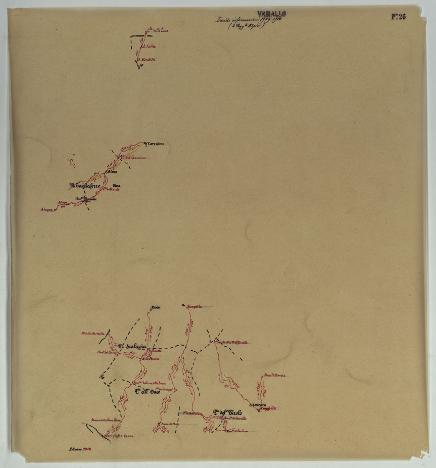 (N:25403) CARTA ITINERARIA D'ITALIA PER GLI ALPINI NORMALI D'ARCHIVIO CON AGGIORNAMENTO FINO AL 1910 EDIZIONE COMPLETA ANNO 1906 - FOGLIO 26 VARALLO. (CA007922, CA007923) Carte e stampe antiche: riproduzione a colori su carta (formato A1)