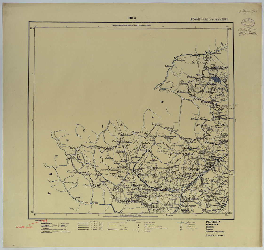(N:25428) CARTA ITINERARIA D'ITALIA PER GLI ALPINI NORMALI D'ARCHIVIO CON AGGIORNAMENTO FINO AL 1910 EDIZIONE COMPLETA ANNO 1906 - FOGLIO 44 OULX. (CA007945) Carte e stampe antiche: riproduzione a colori su carta (formato A1)