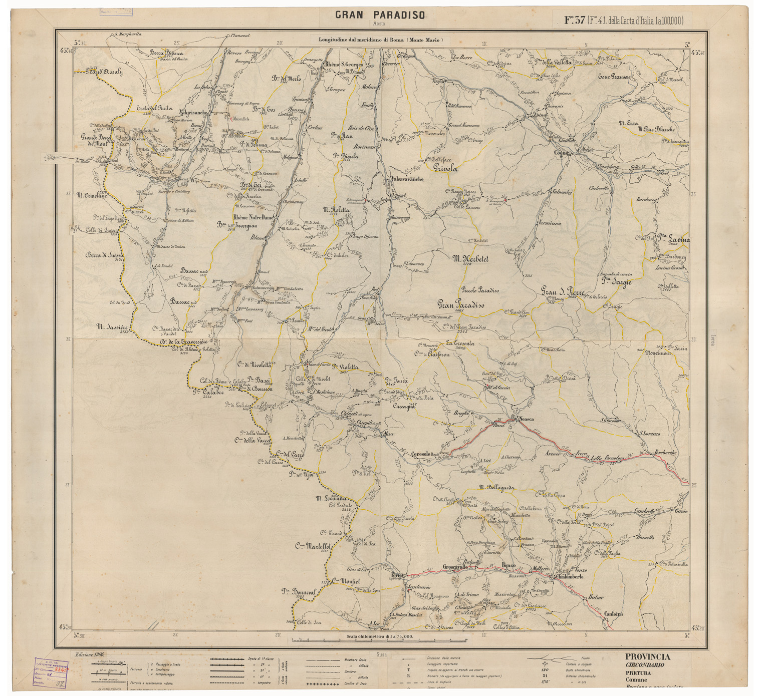 (N:25328) CARTA ITINERARIA D'ITALIA EDIZIONE 1906 - FOGLIO 37 GRAN PARADISO (CA007976) Carte e stampe antiche: riproduzione a colori su carta (formato A1)