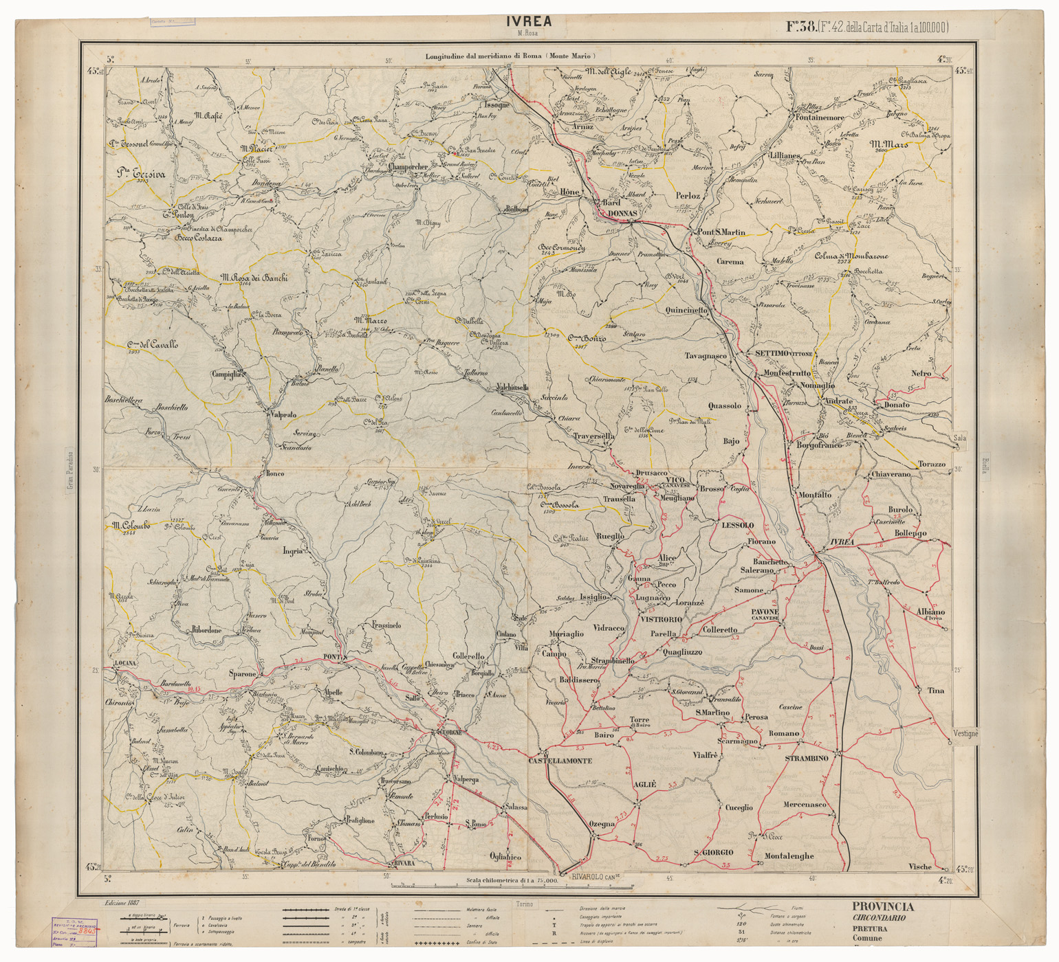 (N:25330) CARTA ITINERARIA D'ITALIA EDIZIONE 1887 - FOGLIO 38 IVREA (CA007978) Carte e stampe antiche: riproduzione a colori su carta (formato A1)