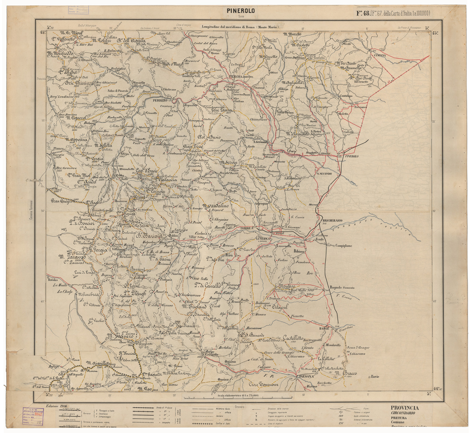 (N:17454) CARTA ITINERARIA D'ITALIA EDIZIONE 1906 - FOGLIO 48 PINEROLO
 (CA007990) Carte e stampe antiche: riproduzione a colori su carta (formato A1)