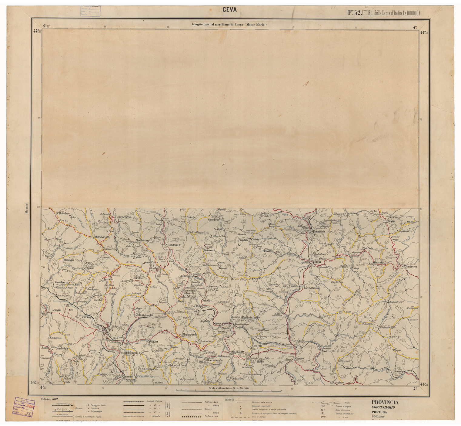 (N:17458) CARTA ITINERARIA D'ITALIA EDIZIONE 1899 - FOGLIO 52 CEVA (CA007998) Carte e stampe antiche: riproduzione a colori su carta (formato A1)
