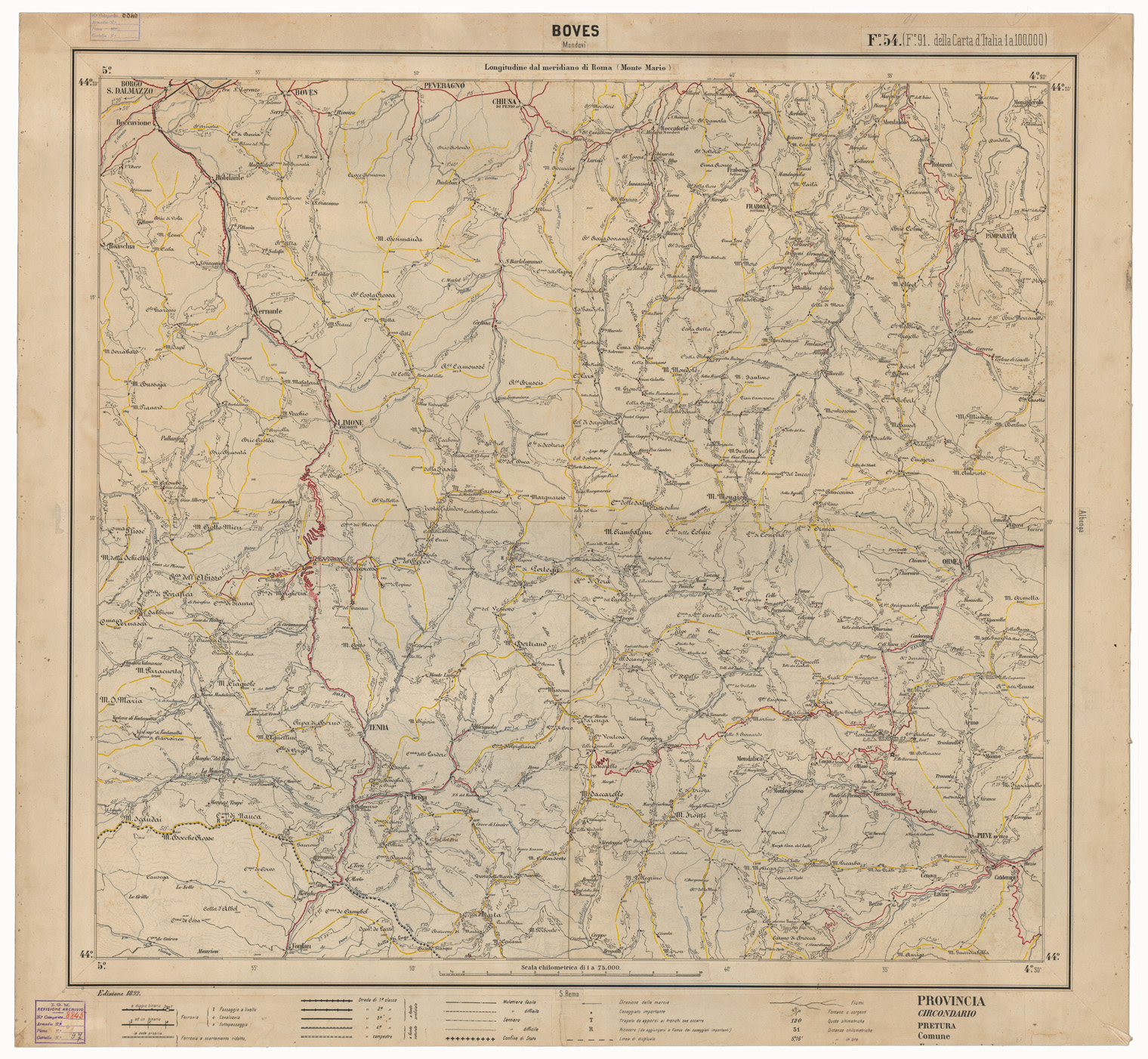 (N:17460) CARTA ITINERARIA D'ITALIA EDIZIONE 1892 - FOGLIO 54 BOVES (CA008002) Carte e stampe antiche: riproduzione a colori su carta (formato A1)