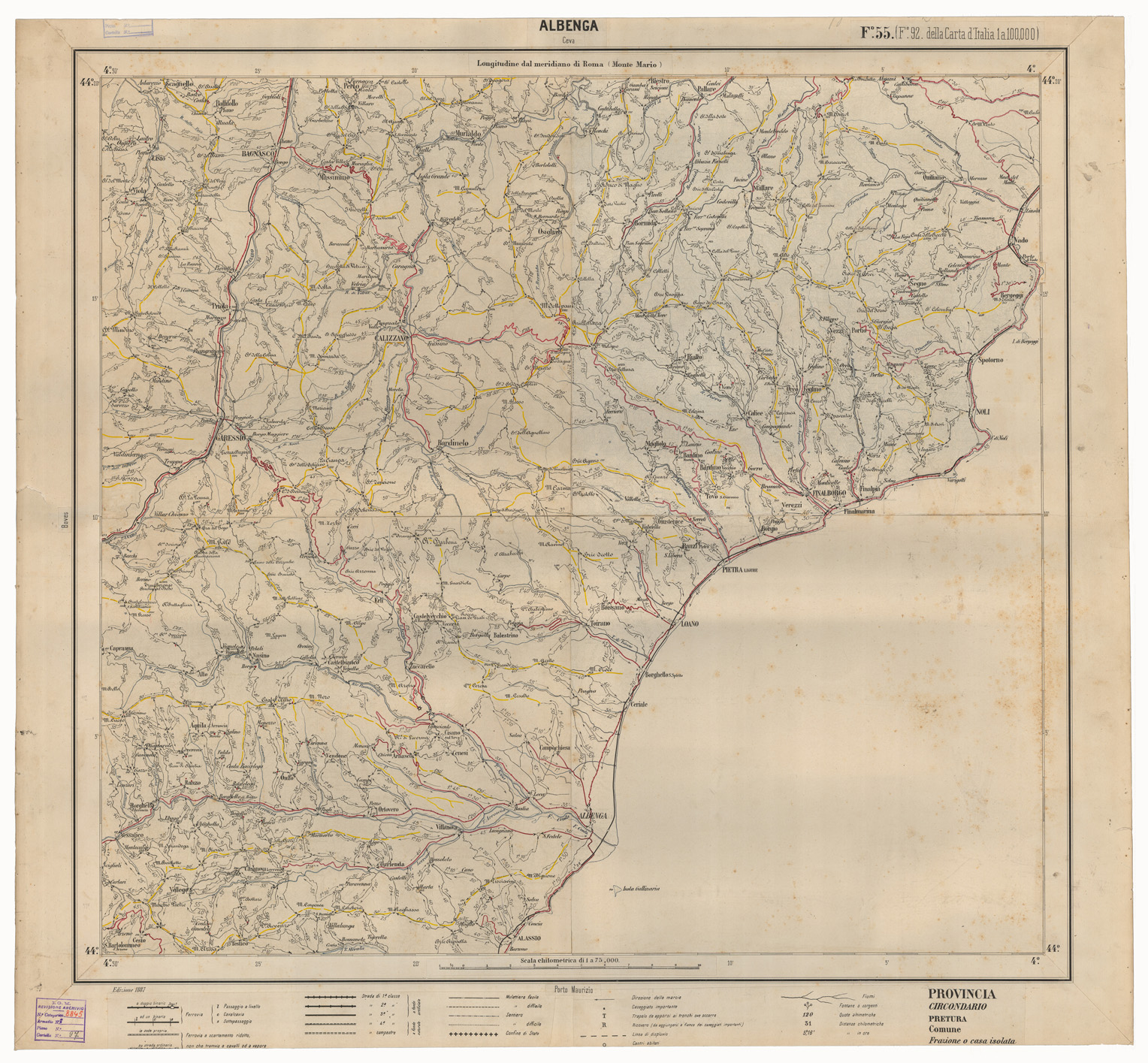 (N:17461) CARTA ITINERARIA D'ITALIA EDIZIONE 1887 - FOGLIO 55 ALBENGA (CA008004) Carte e stampe antiche: riproduzione a colori su carta (formato A1)