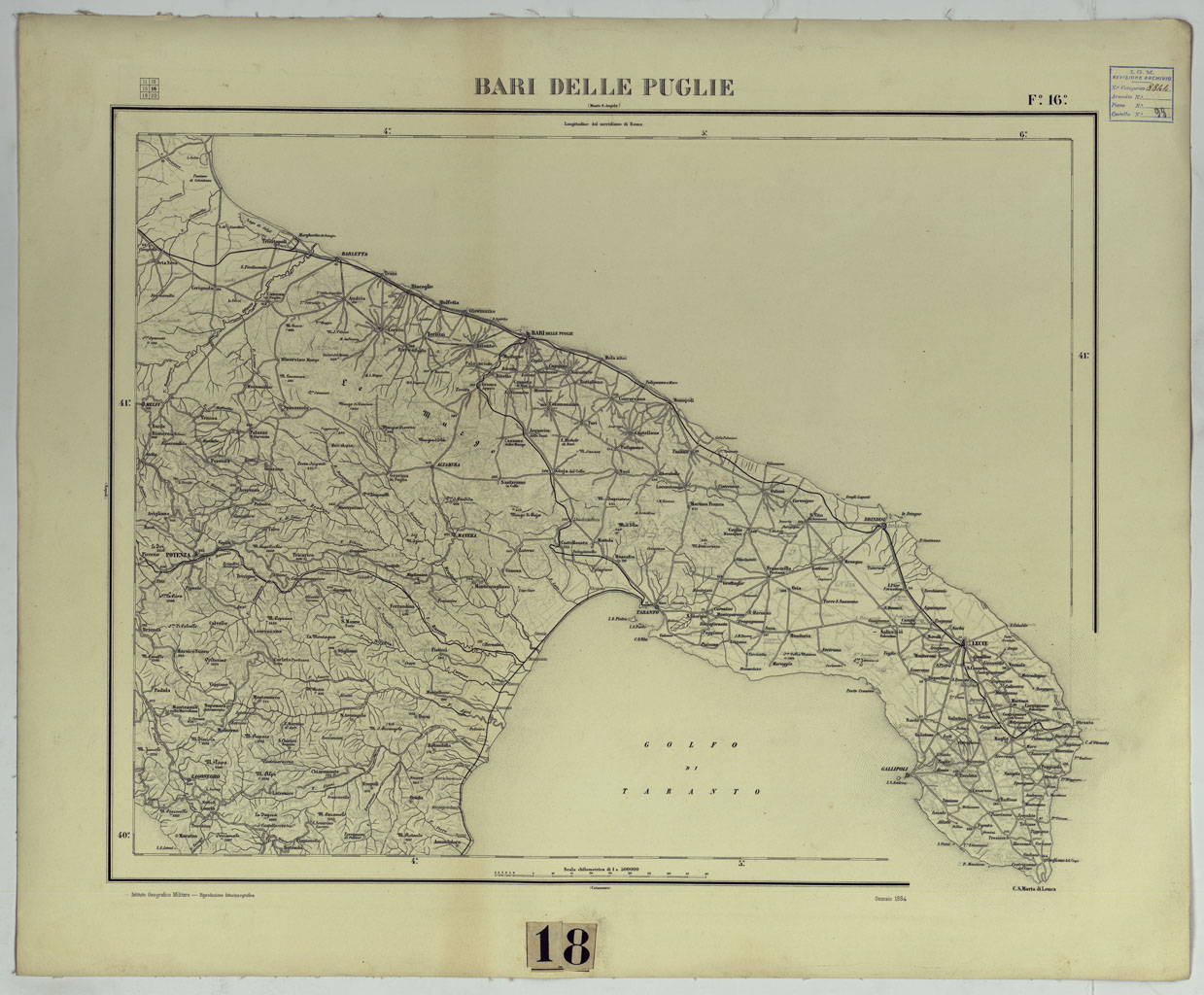 (N:17510) CARTA D'ITALIA - F. 16 BARI DELLE PUGLIE. (CA008052) Carte e stampe antiche: riproduzione a colori su carta (formato A1)
