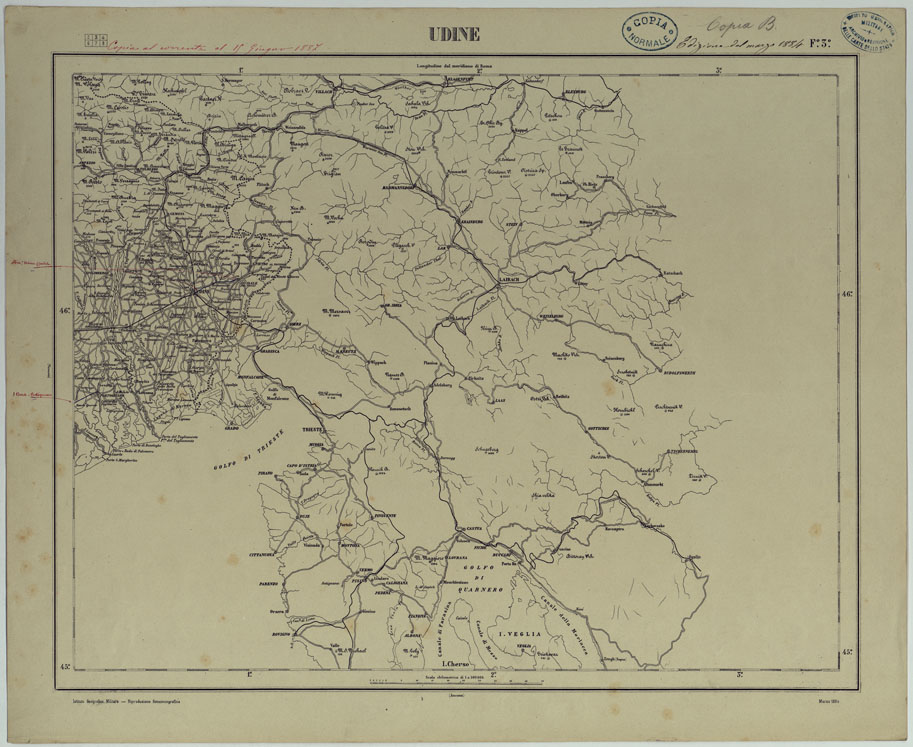 (N:17526) CARTA D'ITALIA COPIA AL CORRENTE PER LE FERROVIE - F.3 UDINE. (CA008062) Carte e stampe antiche: riproduzione a colori su carta (formato A1)
