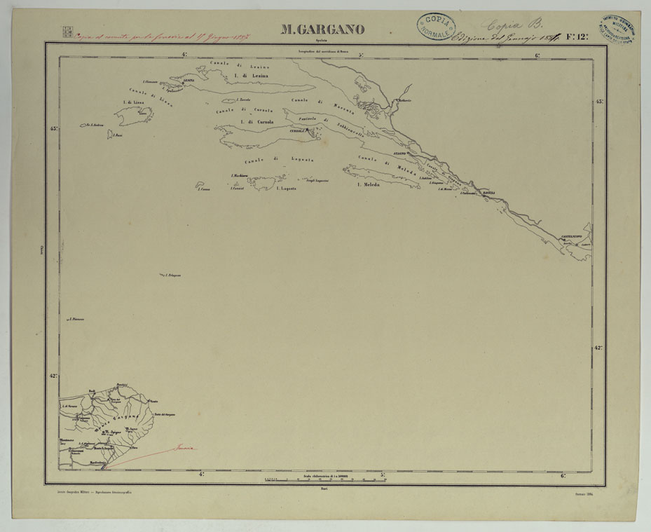 (N:17533) CARTA D'ITALIA COPIA AL CORRENTE PER LE FERROVIE - F.12 M. GARGANO. (CA008070) Carte e stampe antiche: riproduzione a colori su carta (formato A1)
