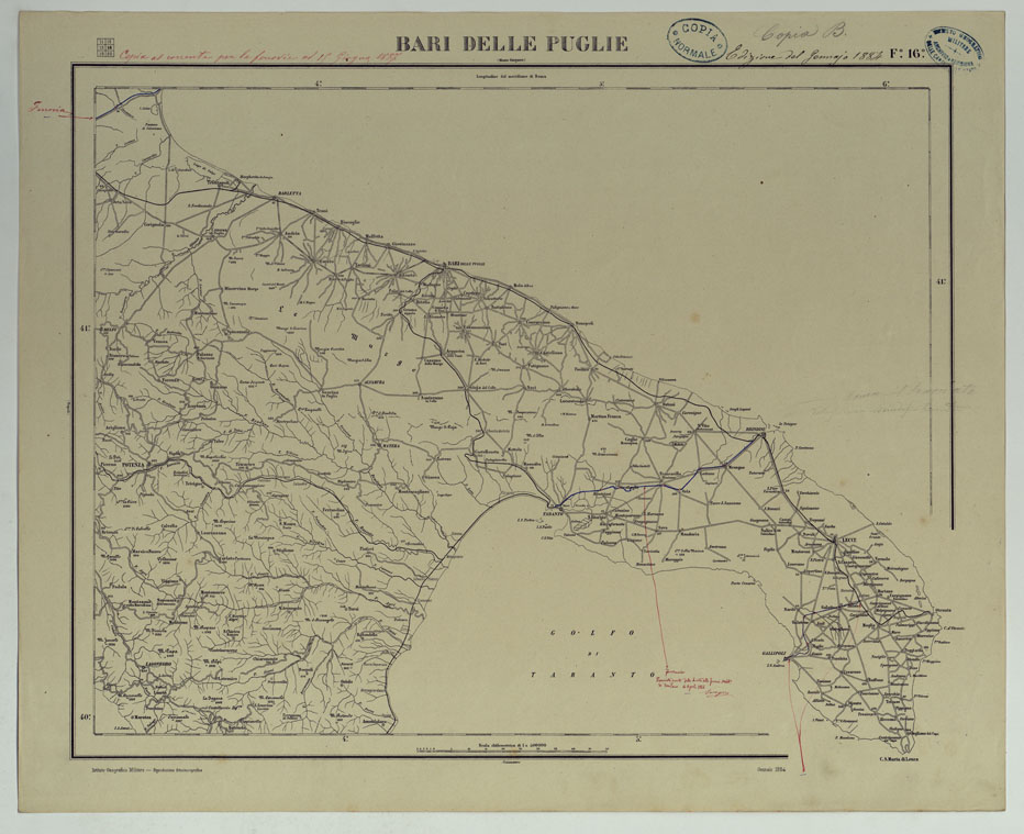 (N:17537) CARTA D'ITALIA COPIA AL CORRENTE PER LE FERROVIE - F.16 BARI DELLE PUGLIE. (CA008074) Carte e stampe antiche: riproduzione a colori su carta (formato A1)