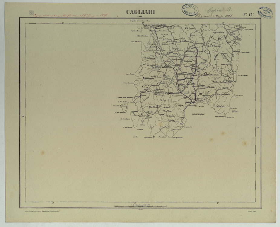 (N:17538) CARTA D'ITALIA COPIA AL CORRENTE PER LE FERROVIE - F.17 CAGLIARI. (CA008075) Carte e stampe antiche: riproduzione a colori su carta (formato A1)