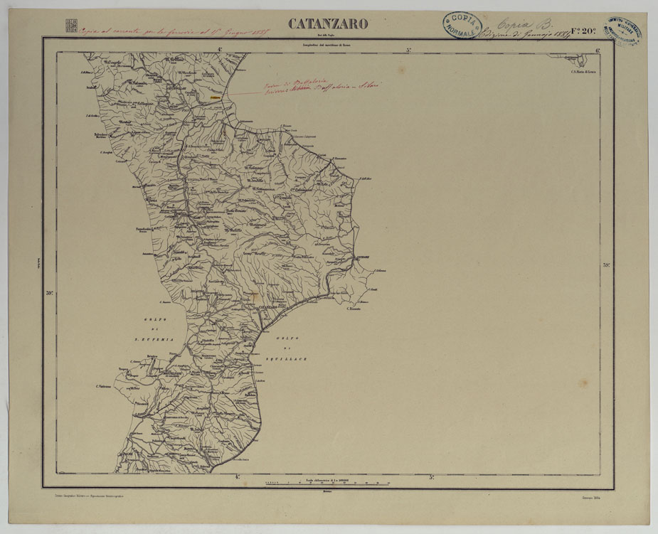 (N:17541) CARTA D'ITALIA COPIA AL CORRENTE PER LE FERROVIE - F.20 CATANZARO. (CA008077) Carte e stampe antiche: riproduzione a colori su carta (formato A1)