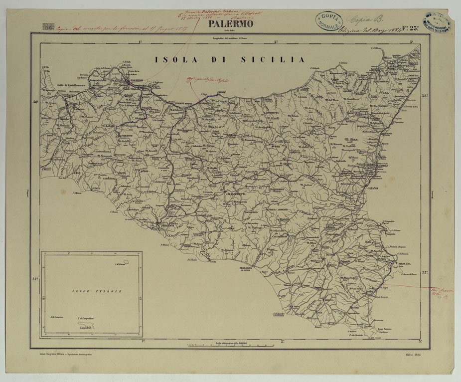 (N:17544) CARTA D'ITALIA COPIA AL CORRENTE PER LE FERROVIE - F.23 PALERMO. (CA008080) Carte e stampe antiche: riproduzione a colori su carta (formato A1)