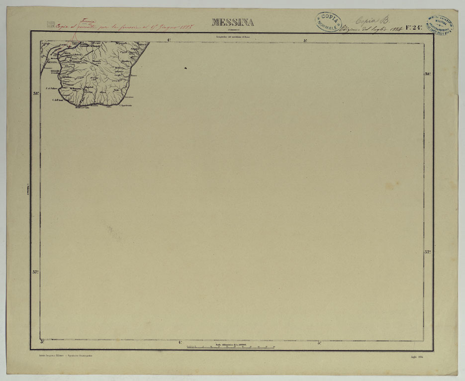 (N:17545) CARTA D'ITALIA COPIA AL CORRENTE PER LE FERROVIE - F.24 MESSINA. (CA008081) Carte e stampe antiche: riproduzione a colori su carta (formato A1)
