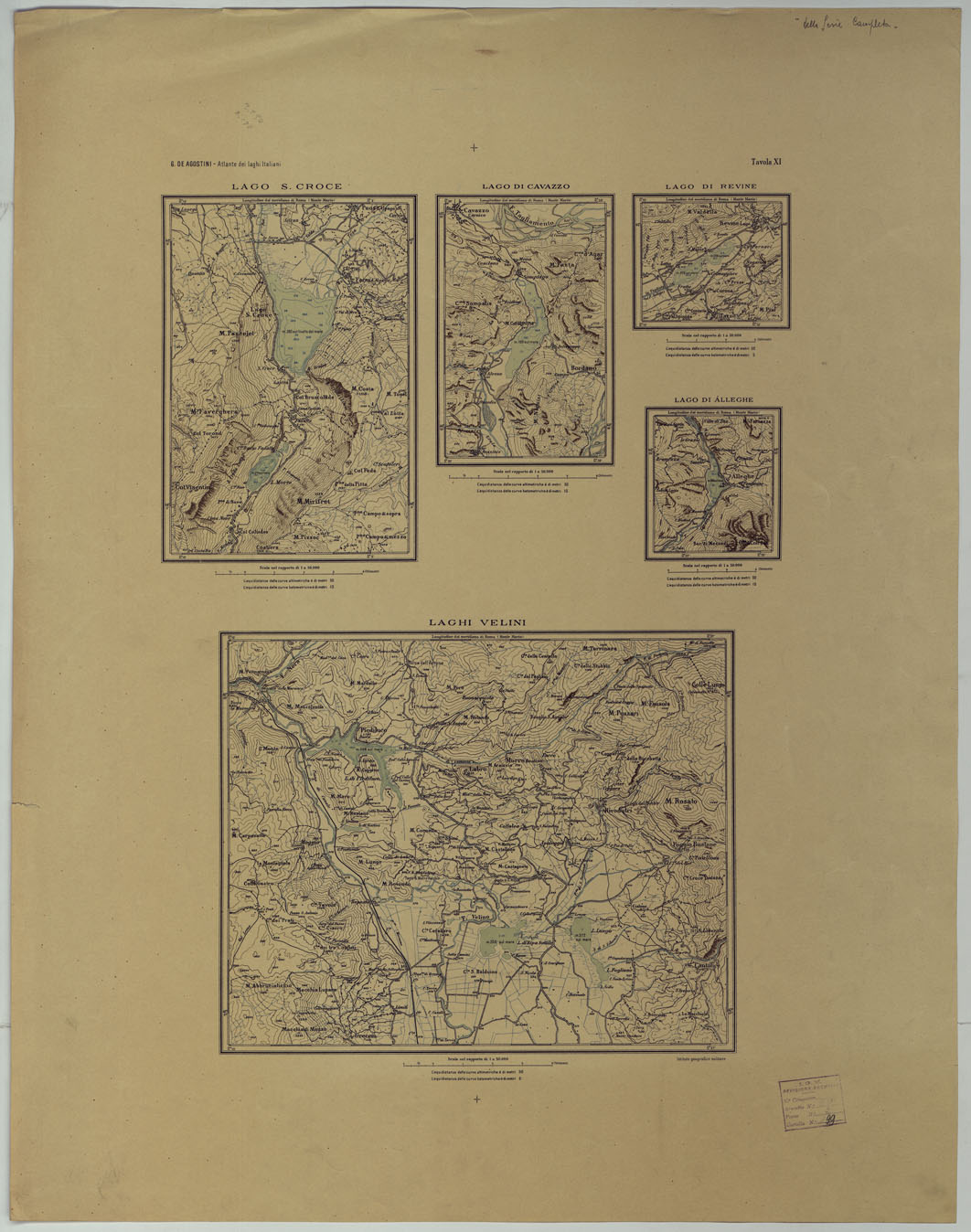 (N:17684) ATLANTE DEI LAGHI ITALIANI TAV  XI  LAGO S. CROCE DI CAVAZZO DI REVINE DI ALLEGHE E LAGHI VELINI
 (CA008241) Carte e stampe antiche: riproduzione a colori su carta (formato A1)