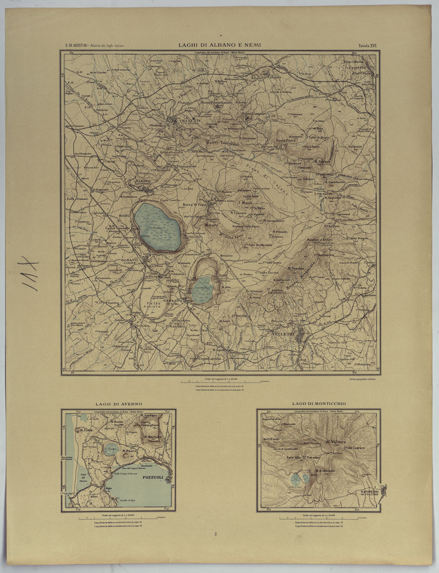 (N:25450) ATLANTE DEI LAGHI ITALIANI TAV  XVI 2 COPIA LAGHI DI ALBANO E NEMI DI MONTICCHIO E DI AVERNO (CA008261) Carte e stampe antiche: riproduzione a colori su carta (formato A1)
