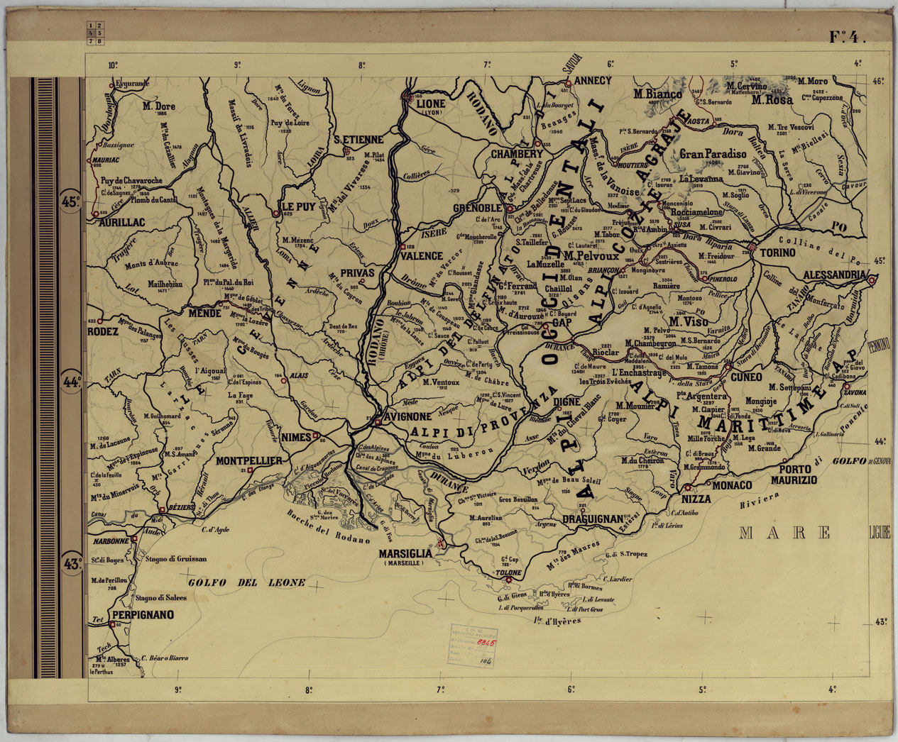 (N:17789) CARTA SCOLASTICA FISICA AD USO DELLE SCUOLE MILITARI - FOGLIO 4.
 (CA008344) Carte e stampe antiche: riproduzione a colori su carta (formato A1)
