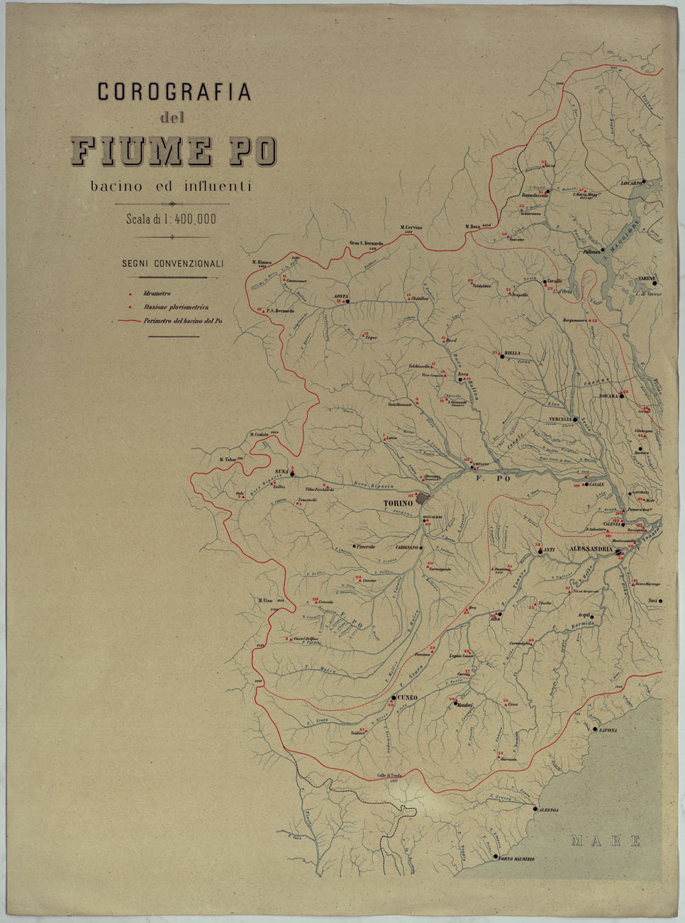 (N:18057) MINISTERO DEI LAVORI PUBBLICI DIREZIONE GENERALE DELLE OPERE IDRAULICHE LIVELLAZIONE DEL FIUME PO ESEGUITA NEL 1874-75. (CA008374) Carte e stampe antiche: riproduzione a colori su carta (formato A1)