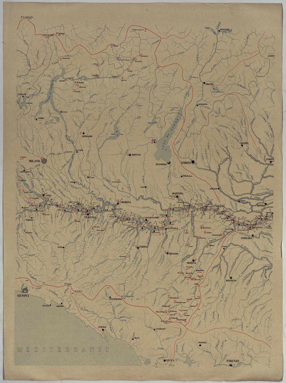 (N:17810) MINISTERO DEI LAVORI PUBBLICI DIREZIONE GENERALE DELLE OPERE IDRAULICHE LIVELLAZIONE DEL FIUME PO ESEGUITA NEL 1874-75. (CA008375) Carte e stampe antiche: riproduzione a colori su carta (formato A1)