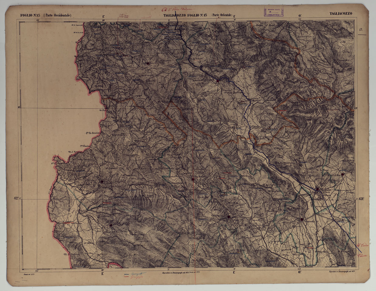 (N:17852) CARTA D'ITALIA - FOGLIO 13 TAGLIACOZZO.
 (CA008551) Carte e stampe antiche: riproduzione a colori su carta (formato A1)