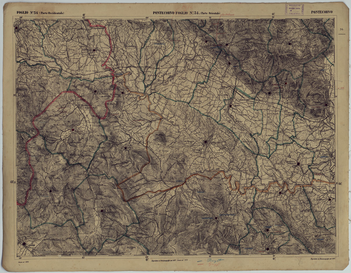 (N:17872) CARTA D'ITALIA - FOGLIO 34 PONTECORVO.
 (CA008572) Carte e stampe antiche: riproduzione a colori su carta (formato A1)